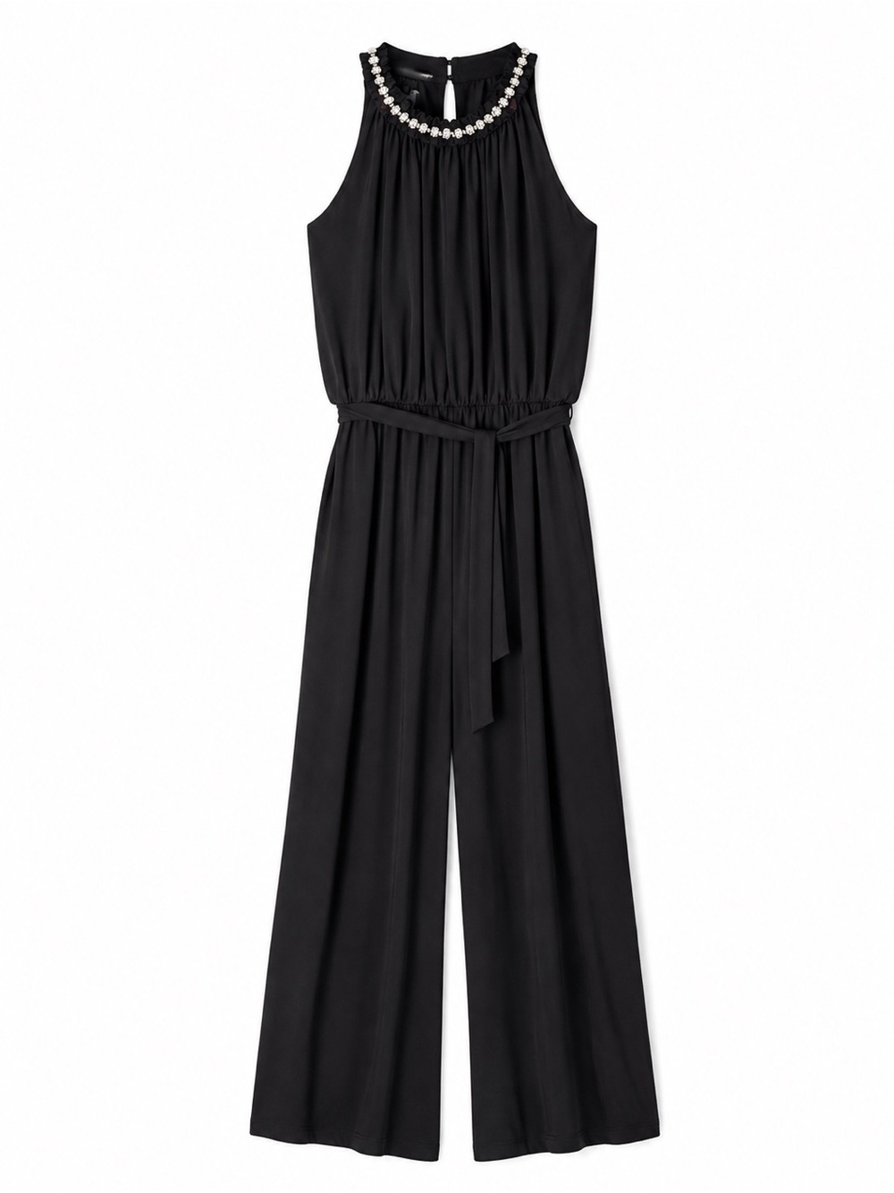 Betsey Johnson Black Sleeveless Jeweled-Neck Wide-Leg Jumpsuit